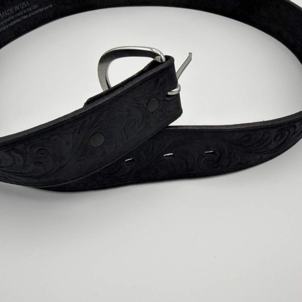 Silver Creek Leather Belt 42 Inch Black  Western Fits 32-34 Silver Buckle 3859‎